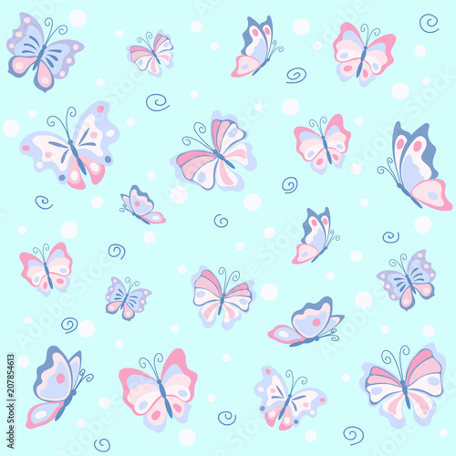 Pink butterfly ion the blue seamless pattern