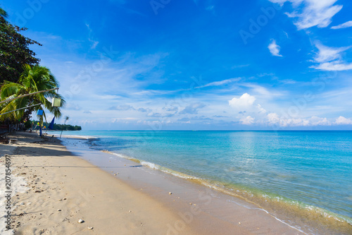Fototapeta Naklejka Na Ścianę i Meble -  Tropical beach with coconut trees and blue sky in Koh Lanta island, Thailand.