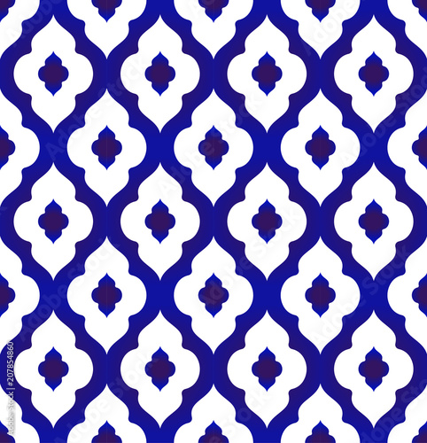 seamless Islamic pattern, blue and white modern shape for design, porcelain, chinaware, ceramic tile, ceiling design, texture, wall, paper and fabric, vector illustration