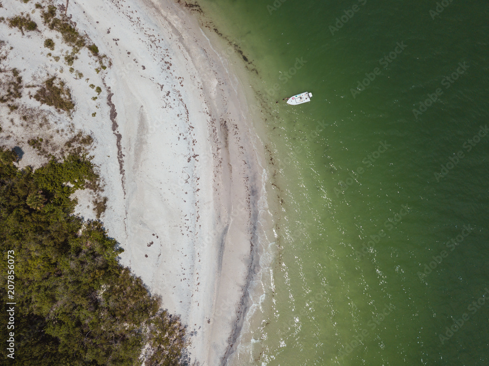 beach aerial drone above view white sand boats sea water island