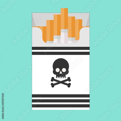 Pack of cigarettes with a skull icon, isolated on blue background. Stock flat vector illustration.