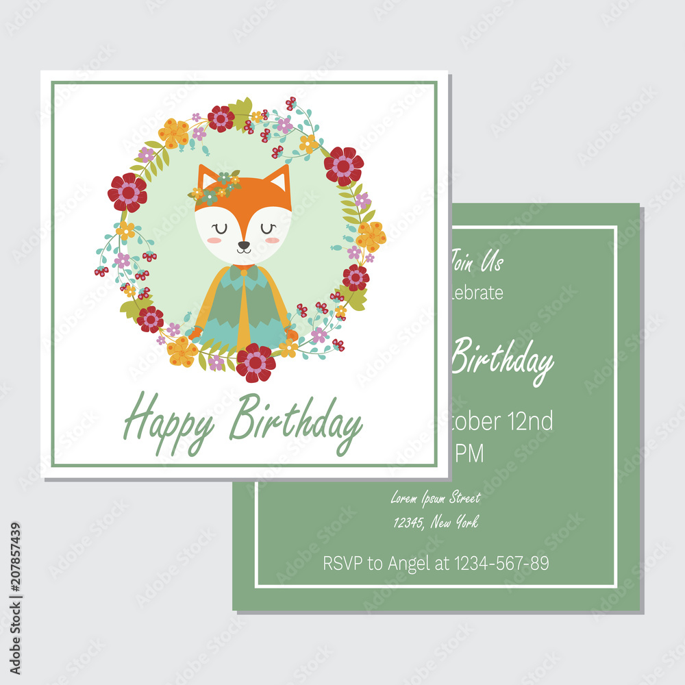 Vector cartoon illustration with cute fox girl on flower wreath ...