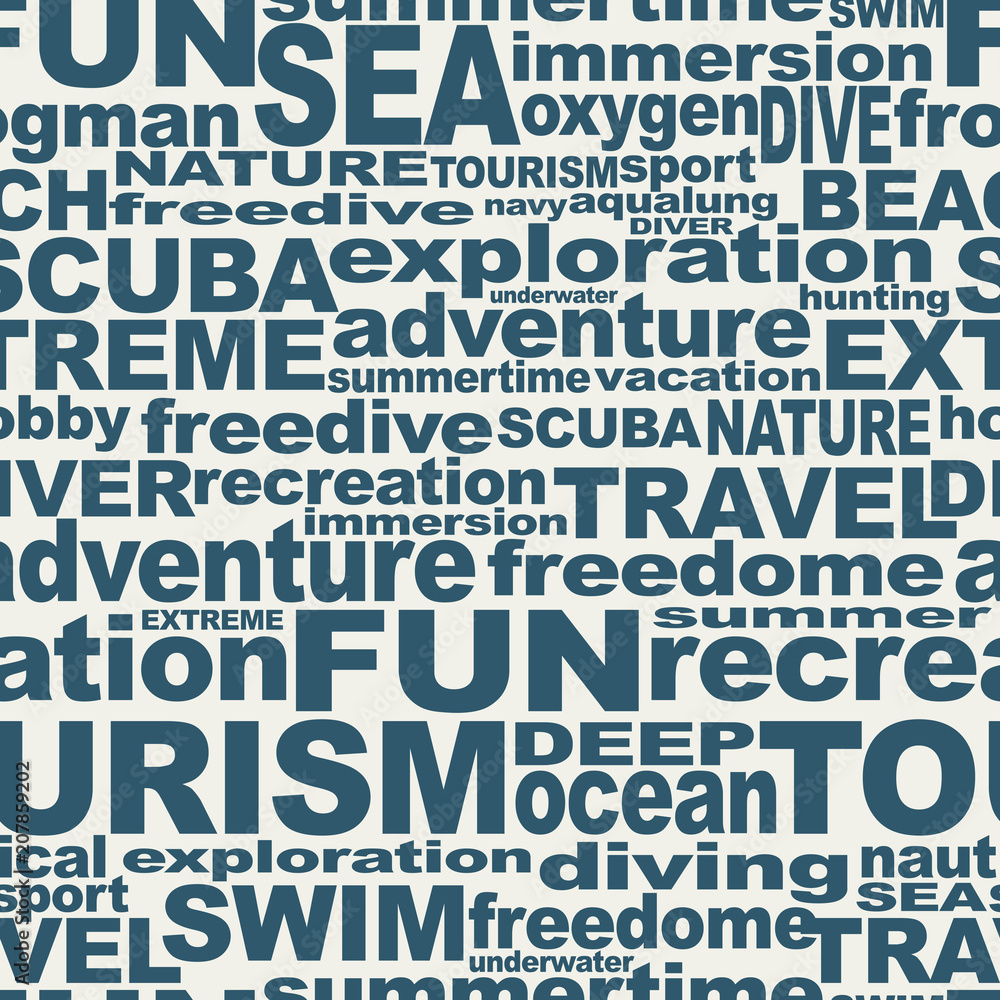 Obraz premium Diving relative words cloud. The concept of sport diving. Seamless background