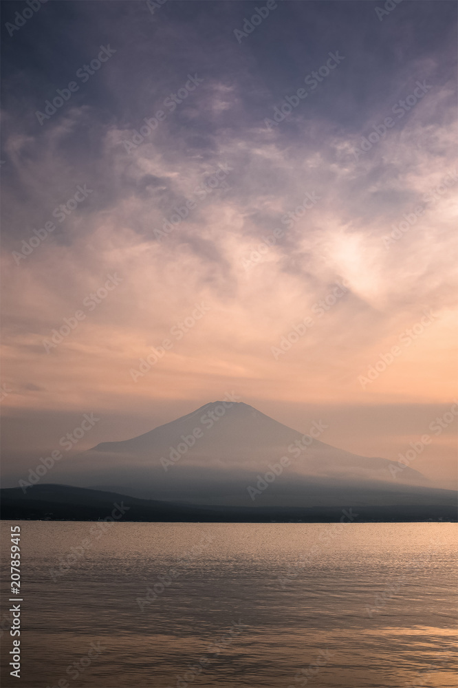 Mountain Fuji with reflection at Lake Yamanakako in sunset