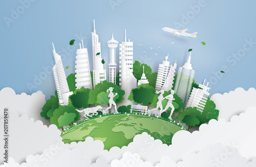  Paper Cut Family and City on Green Planet with Clouds