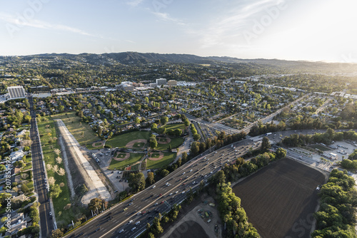 Afternoon aerial view of the Ventura 101 freeway near the Sepulveda basin in the Encino area of the San Fernando Valley in Los Angeles, California.
