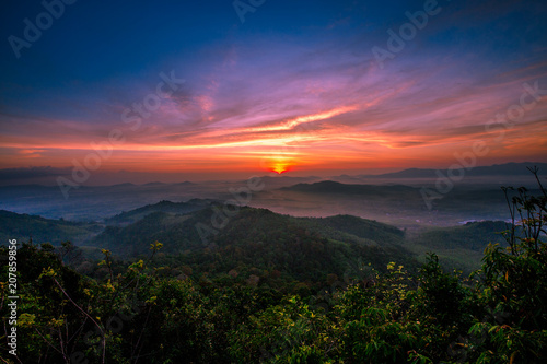 The sun is rising from the mountains  fresh morning. Colorful and memorable