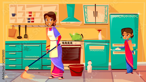 Housewife cleaning kitchen vector illustration of Indian mother in sari mopping floor and daughter helps clean refrigerator. Flat cartoon of family from India together cleaning kitchen furniture