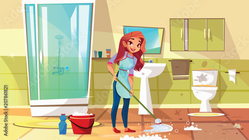 Woman cleaning bathroom vector illustration of housewife mopping floor or washing with detergent in bucket. Cartoon flat toilet or bath room furniture with shower, sink or mirror and shelf