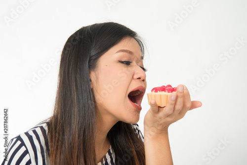 Asian woman eating cake dessert sweet food on white background