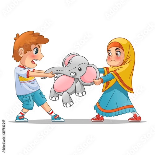 Muslim girl and boy fighting over a doll cartoon character design vector illustration, isolated against white background.