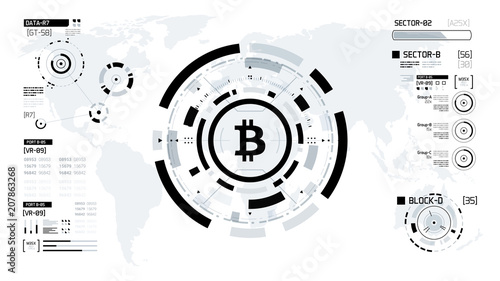 Bitcoin cryprocurrency futuristic black and white vector illustration. Worldwide digital money technology