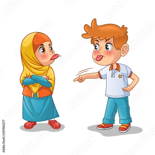 Muslim girl and boy mock each other by showing their tongues cartoon character design vector illustration, isolated against white background.