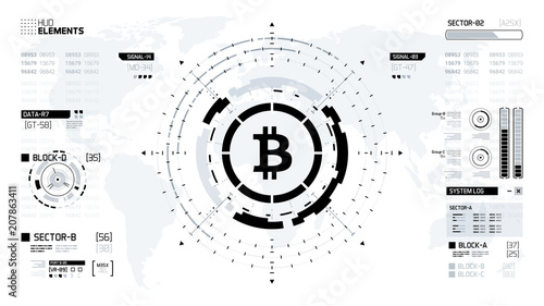 Bitcoin cryprocurrency futuristic black and white vector illustration. Worldwide digital money technology