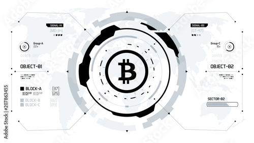 Bitcoin cryprocurrency futuristic black and white vector illustration. Worldwide digital money technology