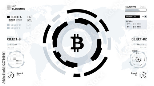 Bitcoin cryprocurrency futuristic black and white vector illustration. Worldwide digital money technology