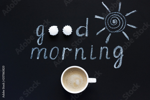 Text Good morning, sun chalk on black background, Cup of coffee, photo