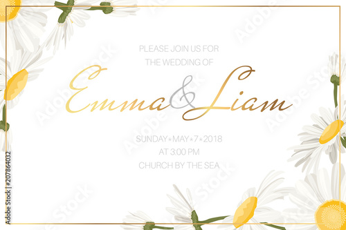 Wedding event invitation card template. Daisy chamomile wild flowers border frame on white background. Spring, summer design template with golden frame for invitation greeting card sale banner poster.