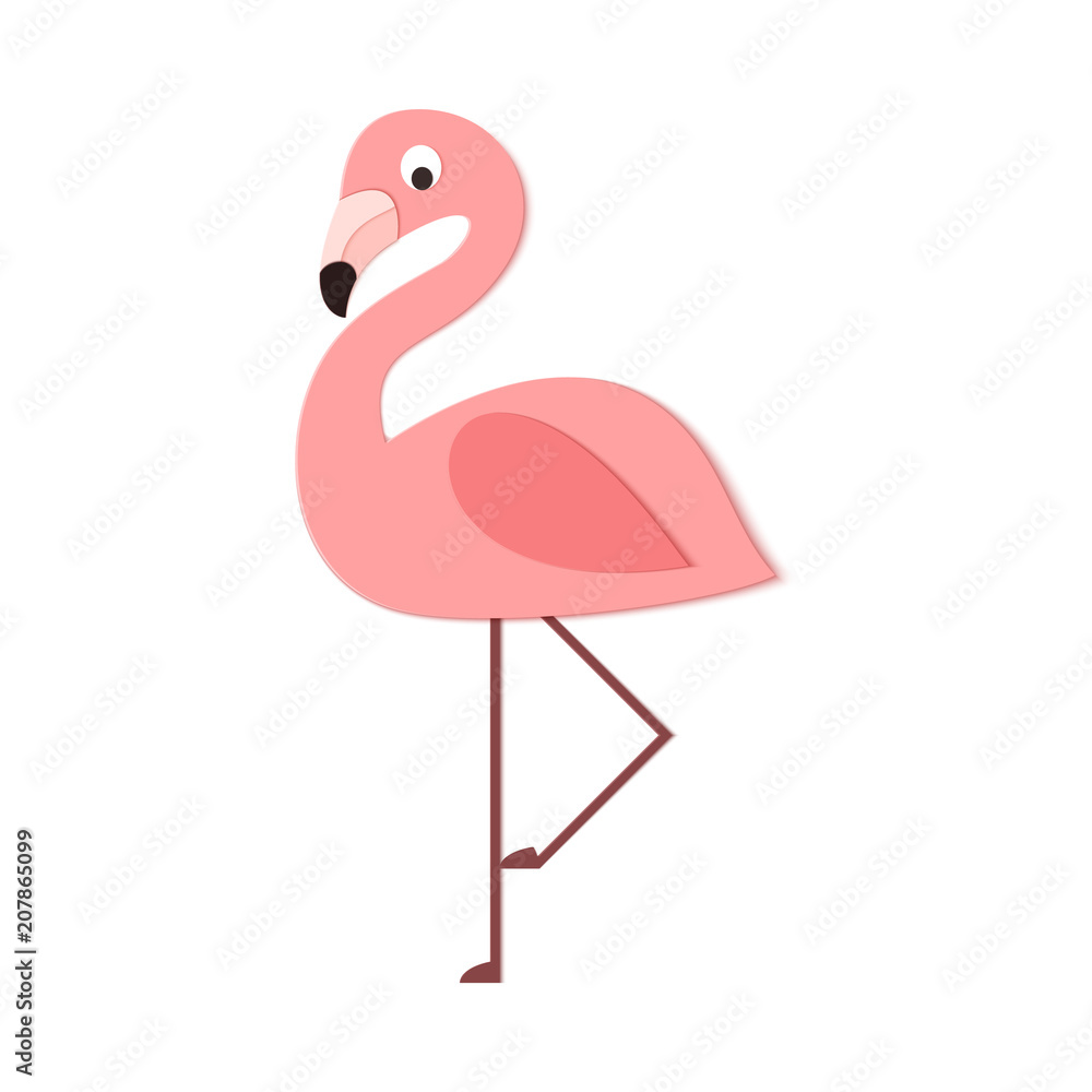 Tropical flamingo in trandy paper cut style. Craft jungle wild bird isolated on white background for package design, T-shirt printing. Vector card illustration in papercutting art style.