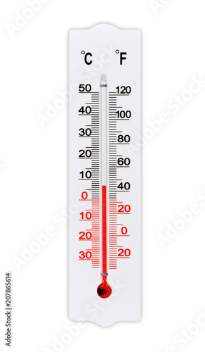 Foto Atmospheric plastic meteorology thermometer for measuring air temperature isolated on white background