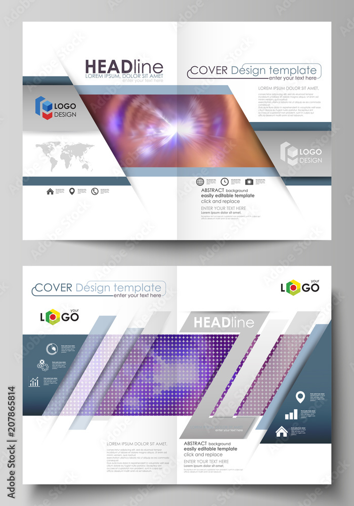 Business templates for bi fold brochure, magazine, flyer, booklet or annual report. Cover template, abstract vector layout in A4 size. Bright color colorful design, beautiful futuristic background.
