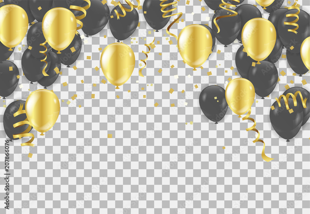 Gold and black balloons, vector illustration. Confetti and ribbons