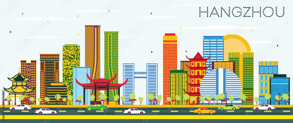 Hangzhou China Skyline with Color Buildings and Blue Sky. Hangzhou China Skyline with Color Buildings and Blue Sky.