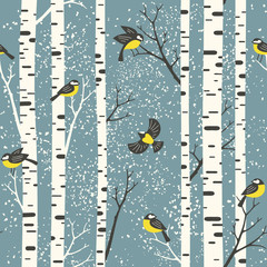 Stickers Berken patronen Winterse berken met vogels lichtblauw  © MirabellePrint