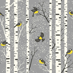 Stickers Berken patronen Besneeuwde berken met vogels patroon  © MirabellePrint