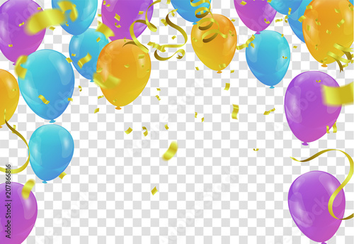 Happy birthday vector illustration. Confetti and ribbons gold orange balloon, confetti, design template for birthday celebration. art