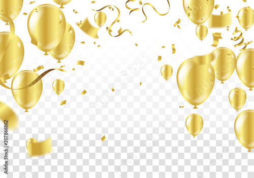 Happy birthday vector illustration. Confetti and ribbons gold orange balloon, confetti, design template for birthday celebration. art