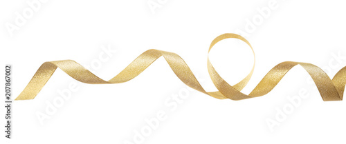 Golden satin ribbon isolated on white background, banner photo