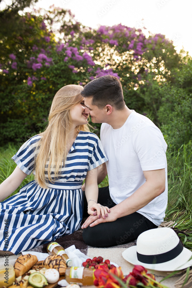 A beautiful girl and a guy kiss on a green meadow rest on a picnic