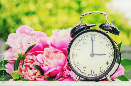 Spring flowers and Alarm Clock. Change the time. Selective focus.