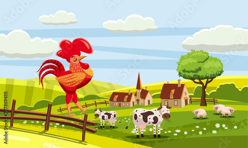 Rural cute farm view, cow, sheep, cock sitting on a fence, vector, illustration, isolated, cartoon style