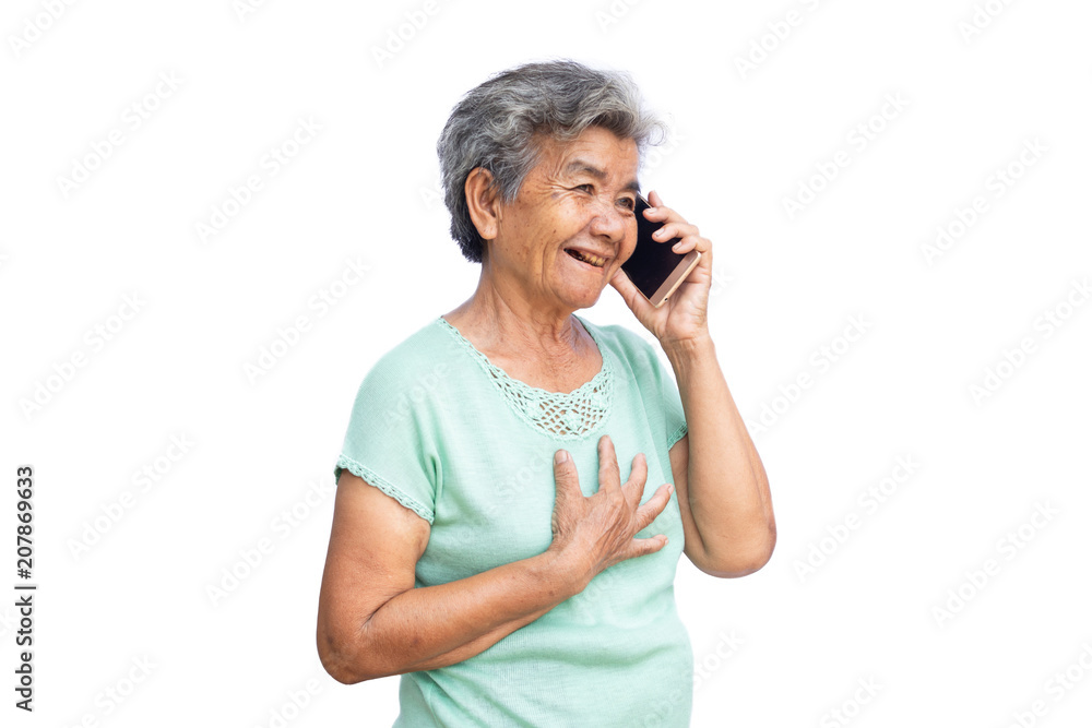 Old woman using smartphone isolated on white background. Old woman using smartphone isolated on white background.