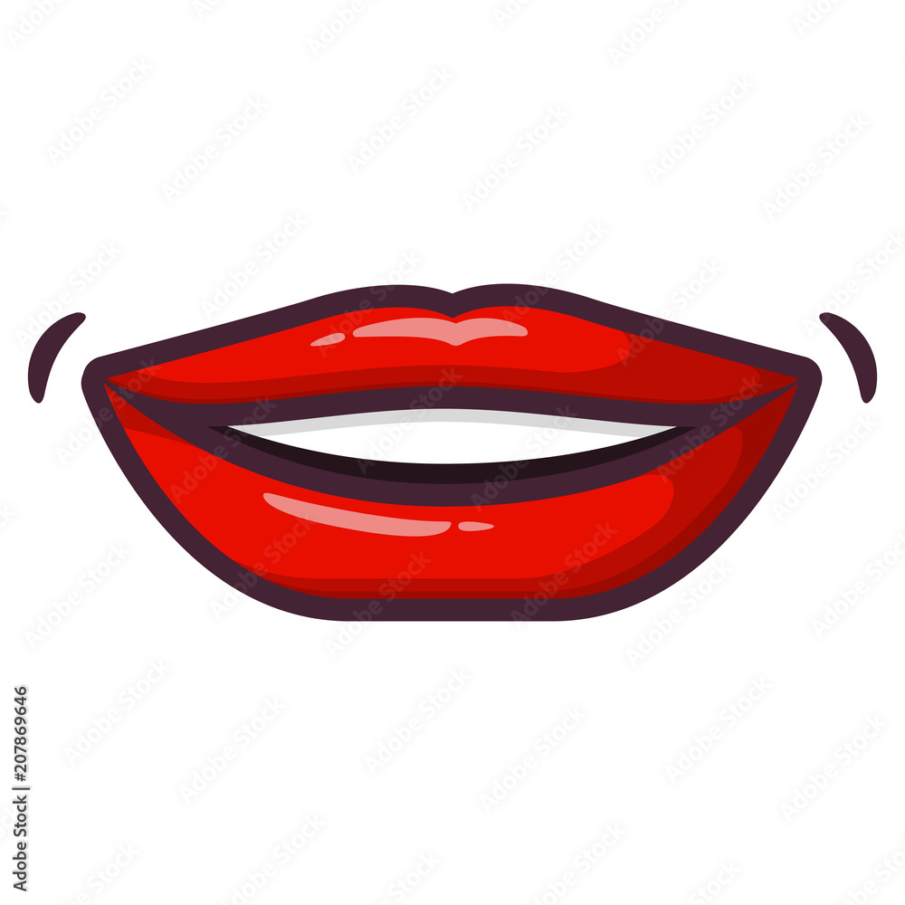 Woman smiling lips. Girl scarlet  line an art flat vector  isolated on a white   mouth cartoon. Stock  Vector | Adobe Stock