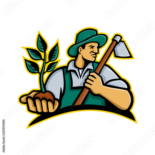Mascot icon illustration of an organic farmer wearing a hat holding a plant by the palm of his hand with grab hoe on his shoulder looking to side on isolated background in retro style.