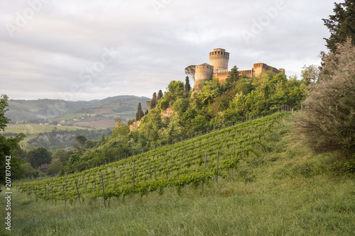 Green valley in italian hills with two castles photo