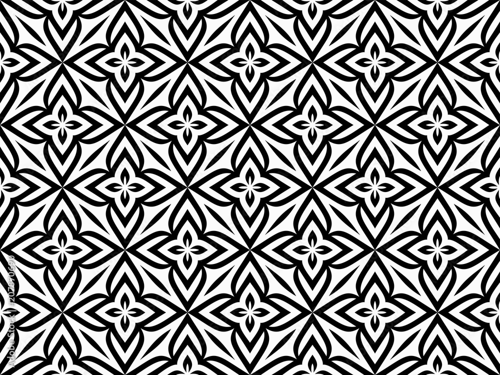 Abstract geometric pattern with florals. Monochrome ornament. isolated on white background