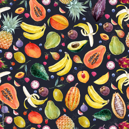 Fototapeta Naklejka Na Ścianę i Meble -  Watercolor exotic fruits vector pattern