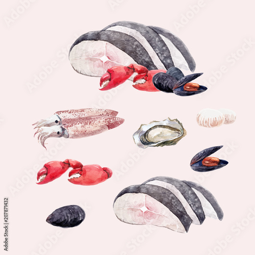 Watercolor sea food set