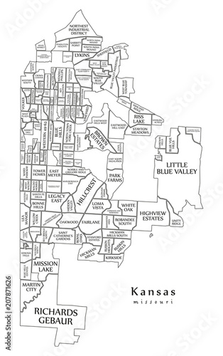 Modern City Map - Kansas Missouri city of the USA with neighborhoods and titles outline map