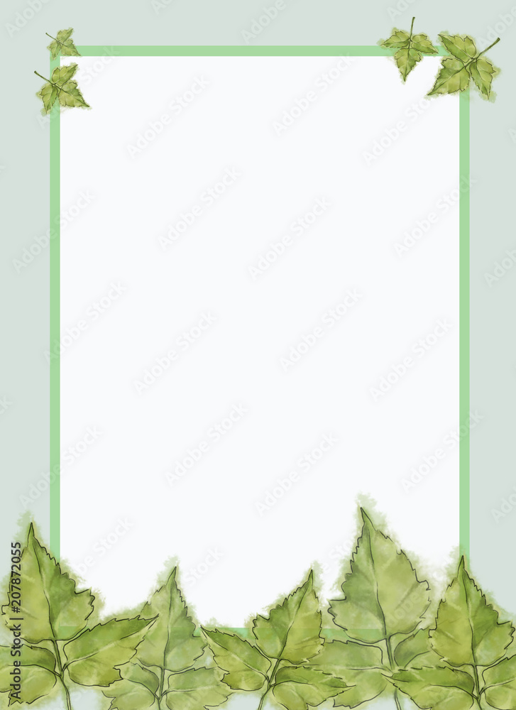 Green Poison Ivy Leaves Decorated Template with Framed White Text Copy Space. Templatefor Summer Party, Announcements, Advertisements, and Variable Printable Decorated with Fresh Green Leaves.