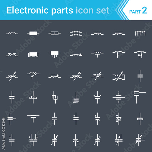 Electric and electronic icons, electric diagram symbols. Inductors, coils, capacitors and electric condensers.
