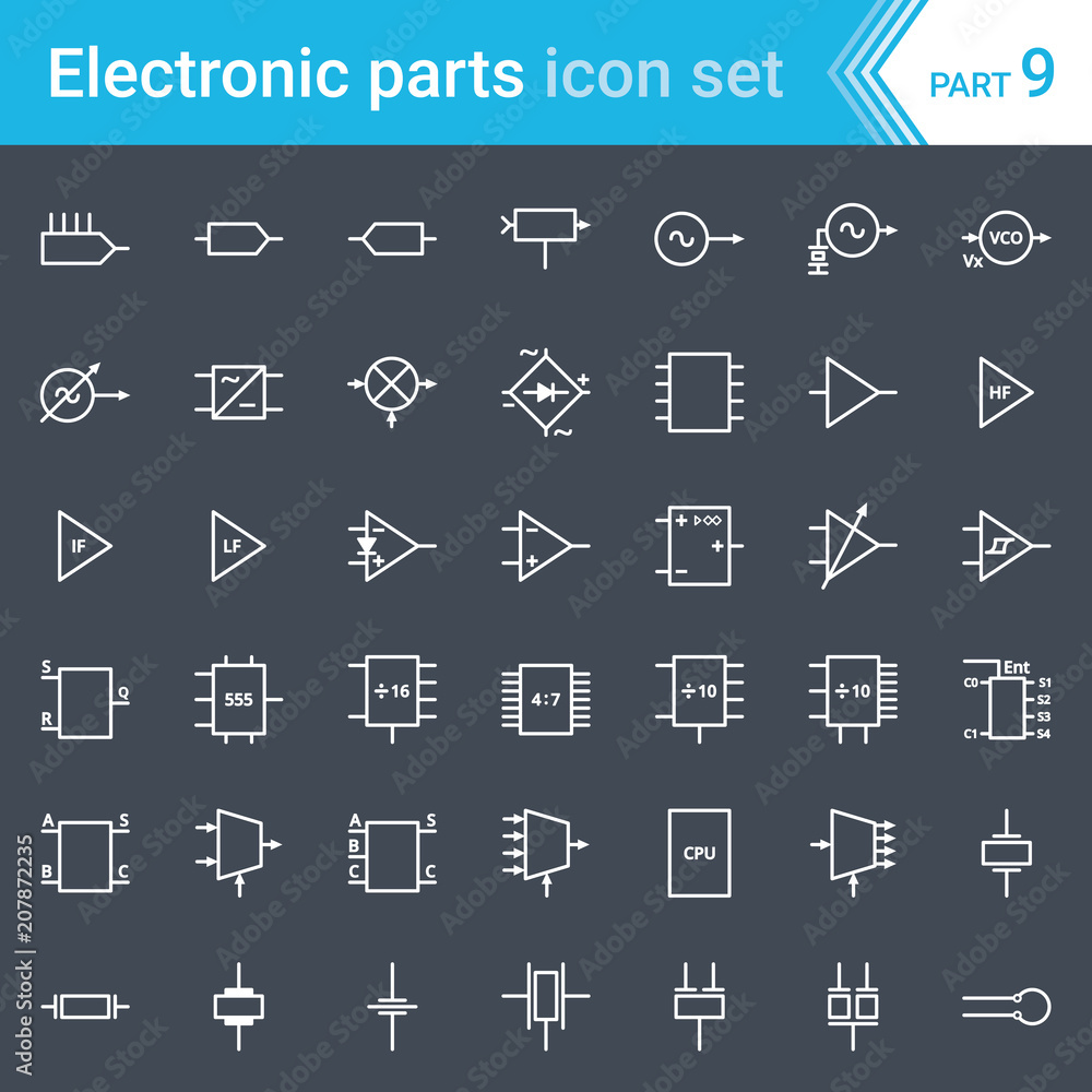 Electric and electronic icons, electric diagram symbols. Circuitry