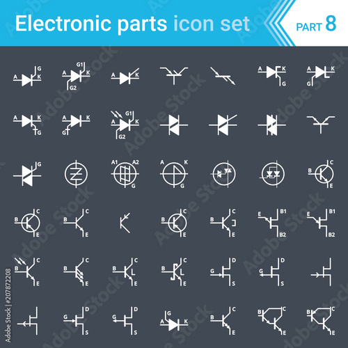 Electric and electronic icons, electric diagram symbols. Thyristors, triacs, diacs and transistors.