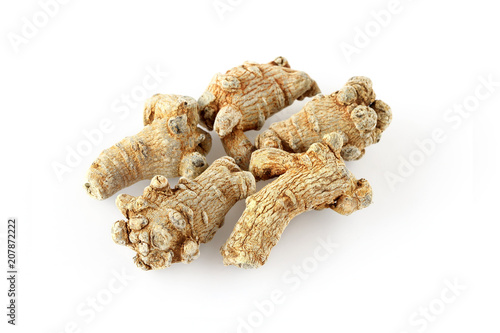 Chinese Herbal medicine - Panax Notoginseng or mountain paint, or Sanchi on white background