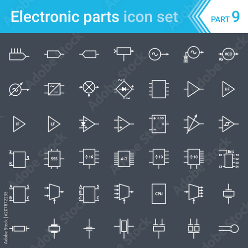 Electric and electronic icons, electric diagram symbols. Circuitry, blocks, stages, amplifier, logic circuits, piezoelectric crystals and crystal oscillators.