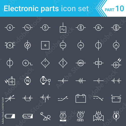 Electric and electronic icons, electric diagram symbols. Generator, batteries, DC power supplies and three-phase generator.